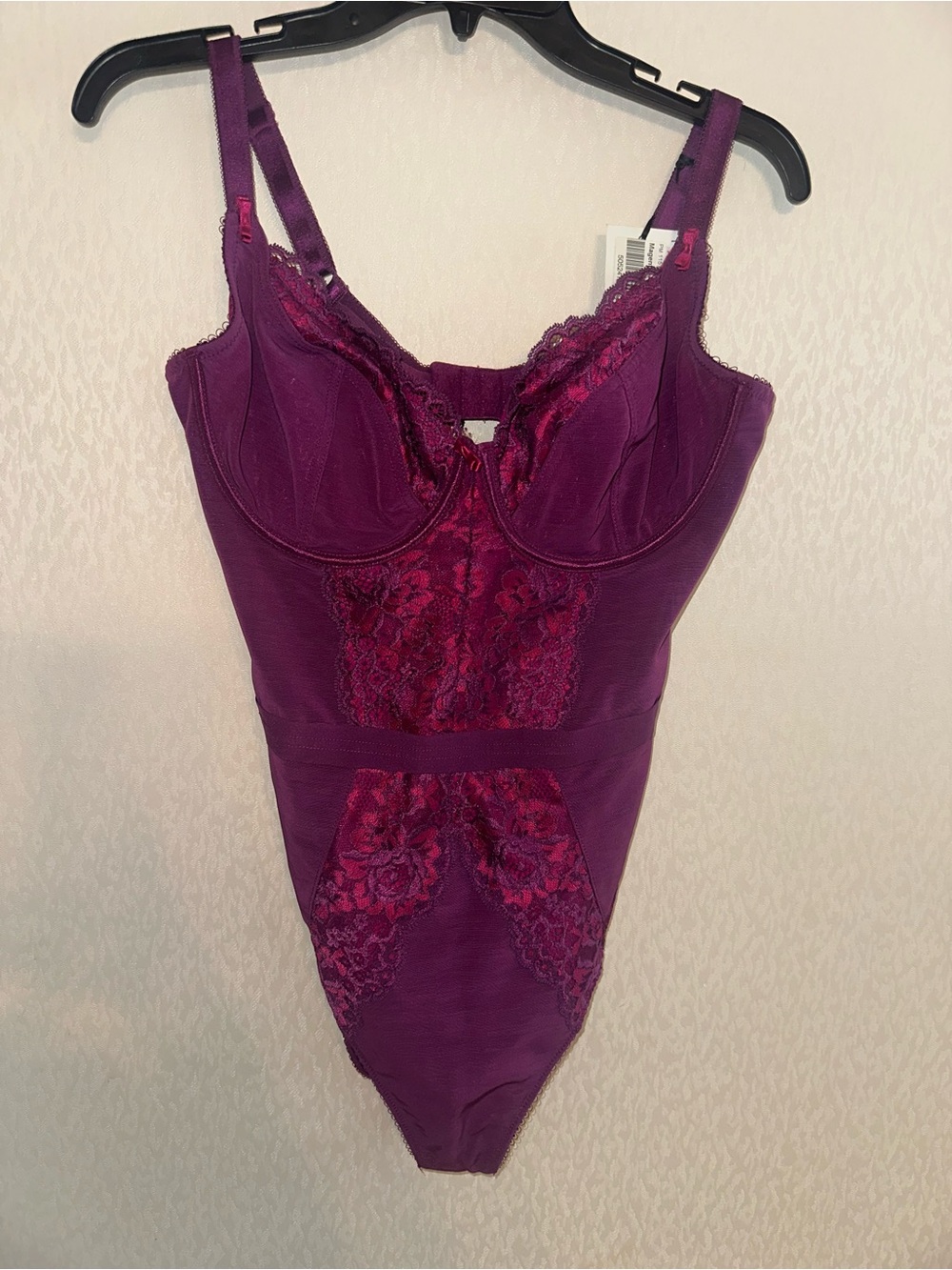 Lace-Panel Shaping Bodysuit in Plum